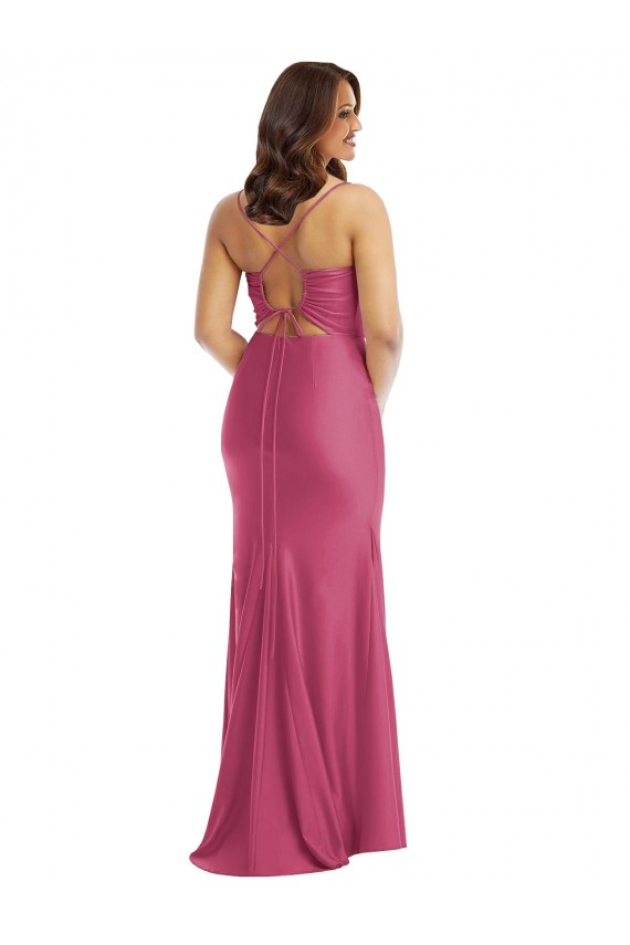 Mejores Fucsia Sirena Tirantes espagueti Satén sedoso Largo Formales Vestidos de dama de honor / Vestidos de fiesta