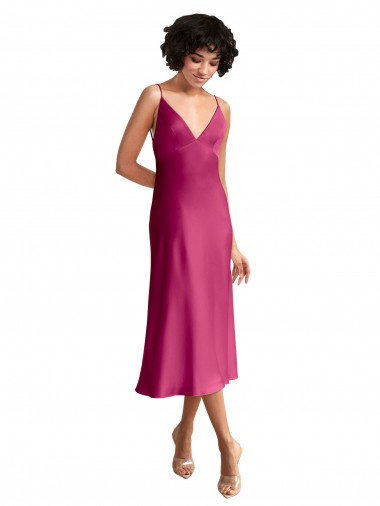 Mejores Fucsia línea A Cuello en V Midi Satén elástico Corto Formales Vestidos de dama de honor / Vestidos de fiesta / Vestidos de cóctel