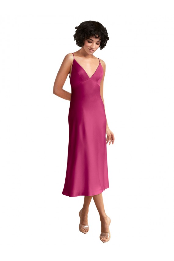 Mejores Fucsia línea A Cuello en V Midi Satén elástico Corto Formales Vestidos de dama de honor / Vestidos de fiesta / Vestidos de cóctel