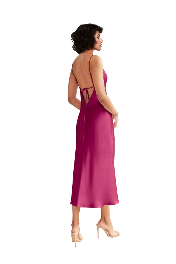 Mejores Fucsia línea A Cuello en V Midi Satén elástico Corto Formales Vestidos de dama de honor / Vestidos de fiesta / Vestidos de cóctel