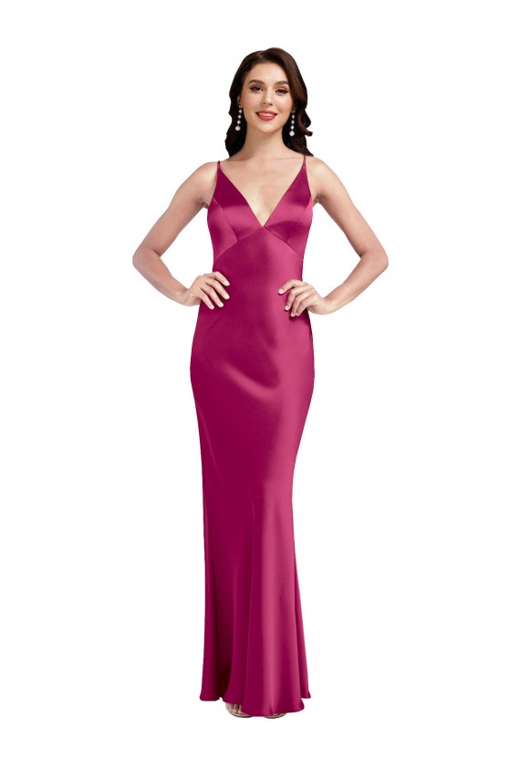 Mejores Fucsia línea A Tirantes espagueti Cuello en V Satén elástico Largo Formales Vestidos de dama de honor / Vestidos de fiesta