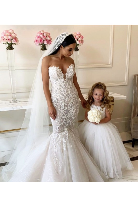 Mejores Marfil Barco Cola capilla Tul Encaje Largo vestidos de niña de las flores