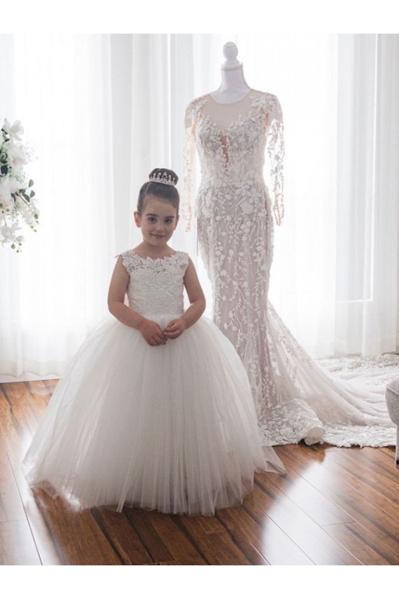 Mejores Marfil Barco Cola capilla Tul Encaje Largo vestidos de niña de las flores