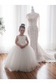 Mejores Marfil Barco Cola capilla Tul Encaje Largo vestidos de niña de las flores