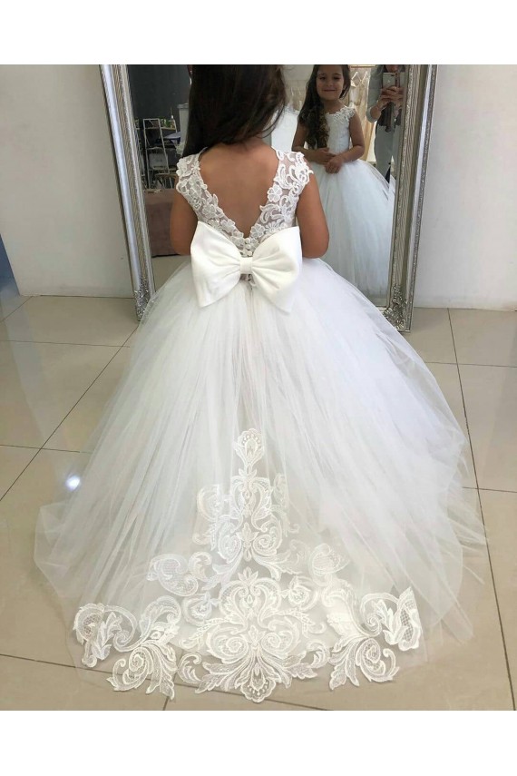 Mejores Marfil Barco Cola capilla Tul Encaje Largo vestidos de niña de las flores