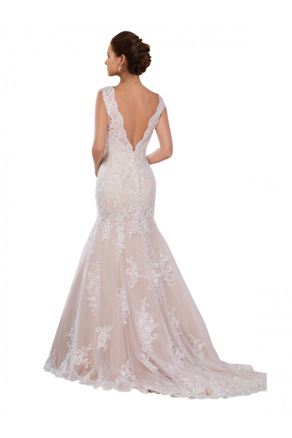Mejores Marfil & Champán Sirena Cuello en V Cola capilla Encaje Clásico Vestidos de novia