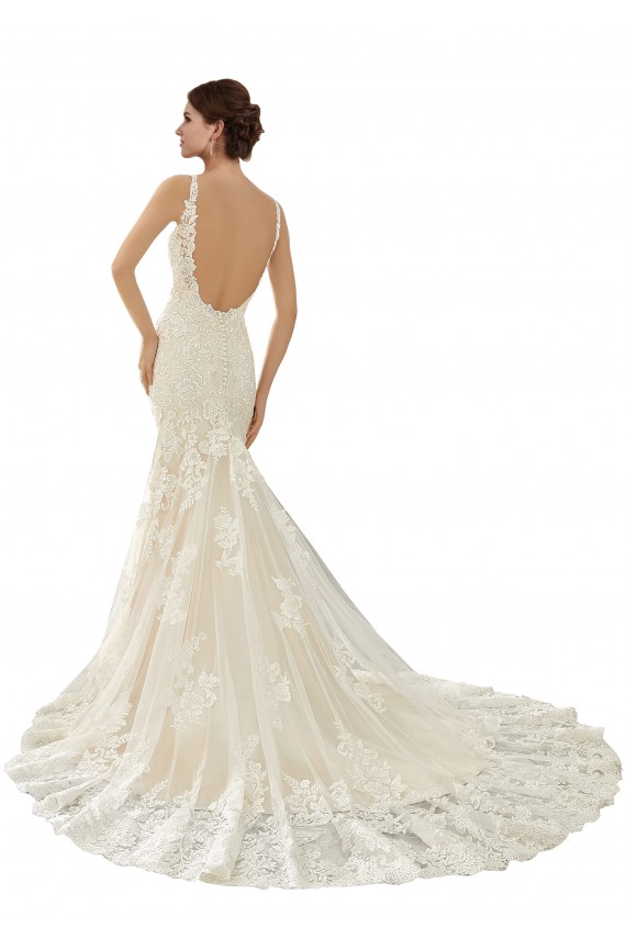 Mejores Marfil & Champán Sirena Cuello en V Cola capilla Encaje Vestidos de novia