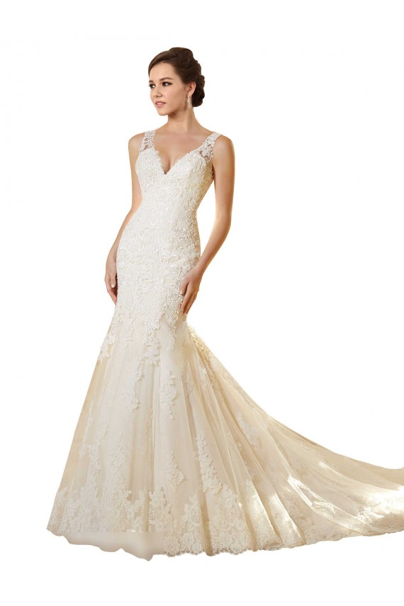 Mejores Marfil & Champán Sirena Cuello en V Cola capilla Tul Encaje Vestidos de novia