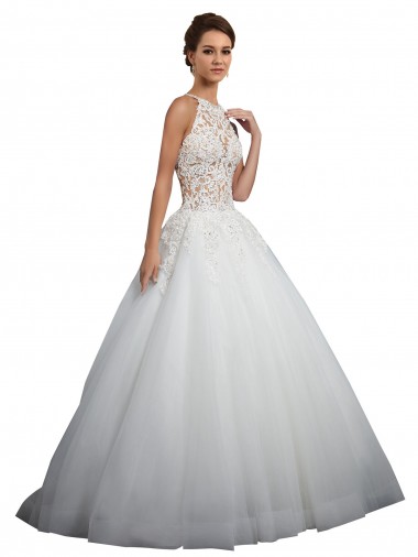 Mejores Marfil Cuello Alto Cola capilla Tul Encaje Vestidos de novia