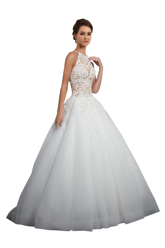 Mejores Marfil Cuello Alto Cola capilla Tul Encaje Vestidos de novia