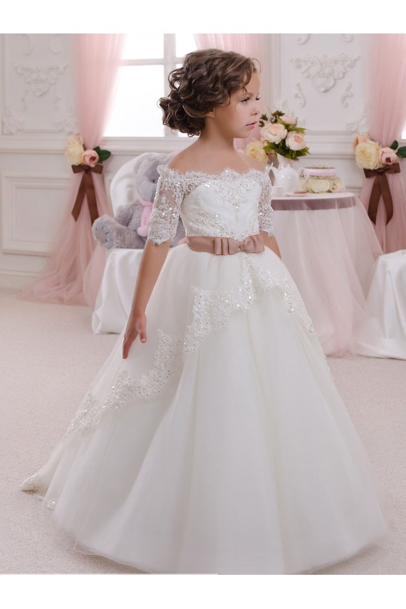 Mejores Marfil Cuello Alto Tul Encaje Largo vestidos de niña de las flores