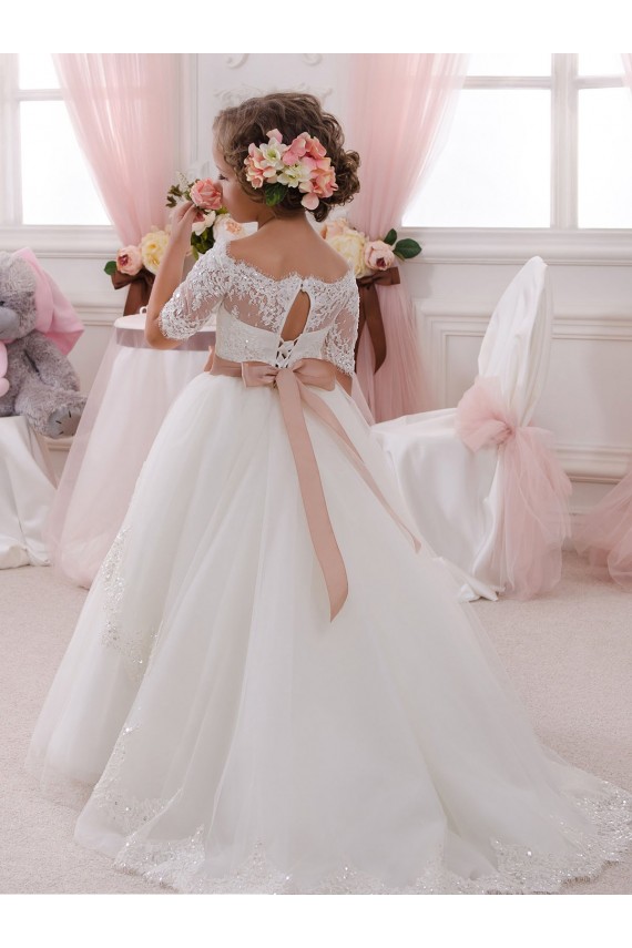 Mejores Marfil Cuello Alto Tul Encaje Largo vestidos de niña de las flores