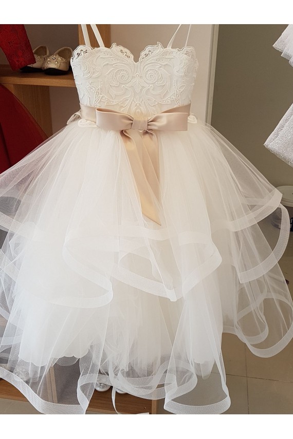 Mejores Marfil Cuello Alto Tul Encaje Largo vestidos de niña de las flores