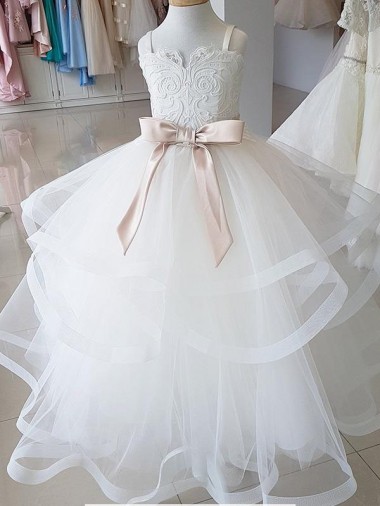 Mejores Marfil Cuello Alto Tul Encaje Largo vestidos de niña de las flores