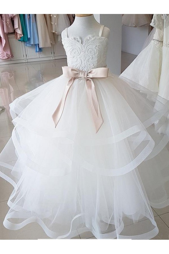 Mejores Marfil Cuello Alto Tul Encaje Largo vestidos de niña de las flores