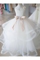 Mejores Marfil Cuello Alto Tul Encaje Largo vestidos de niña de las flores