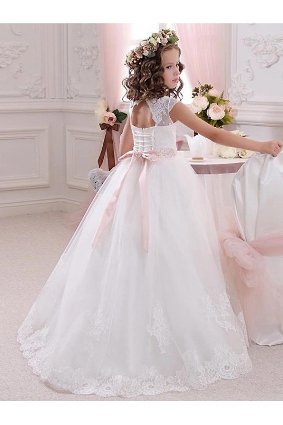 Mejores Marfil Cuello Alto Tul Encaje Largo vestidos de niña de las flores
