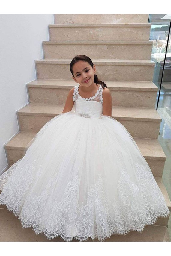 Mejores Marfil Cuello Alto Tul Encaje Largo vestidos de niña de las flores
