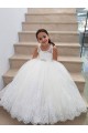 Mejores Marfil Cuello Alto Tul Encaje Largo vestidos de niña de las flores