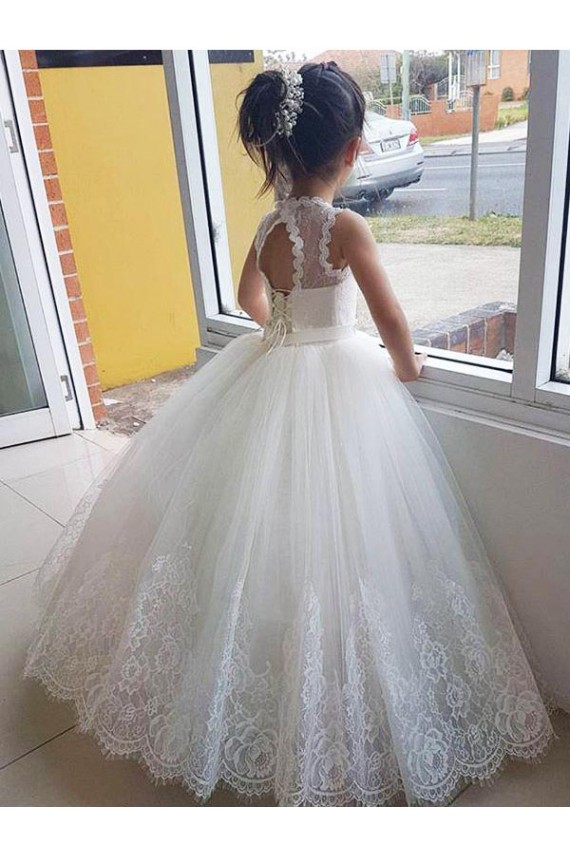 Mejores Marfil Cuello Alto Tul Encaje Largo vestidos de niña de las flores