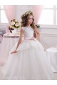Mejores Marfil Cuello de Corazón Cola capilla Tul Encaje Largo vestidos de niña de las flores