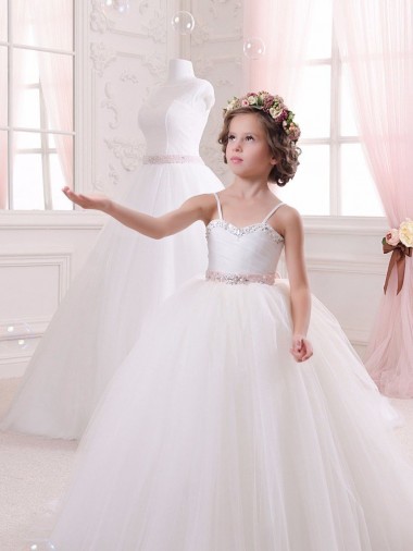 Mejores Marfil Cuello de Corazón Cola capilla Tul Largo vestidos de niña de las flores