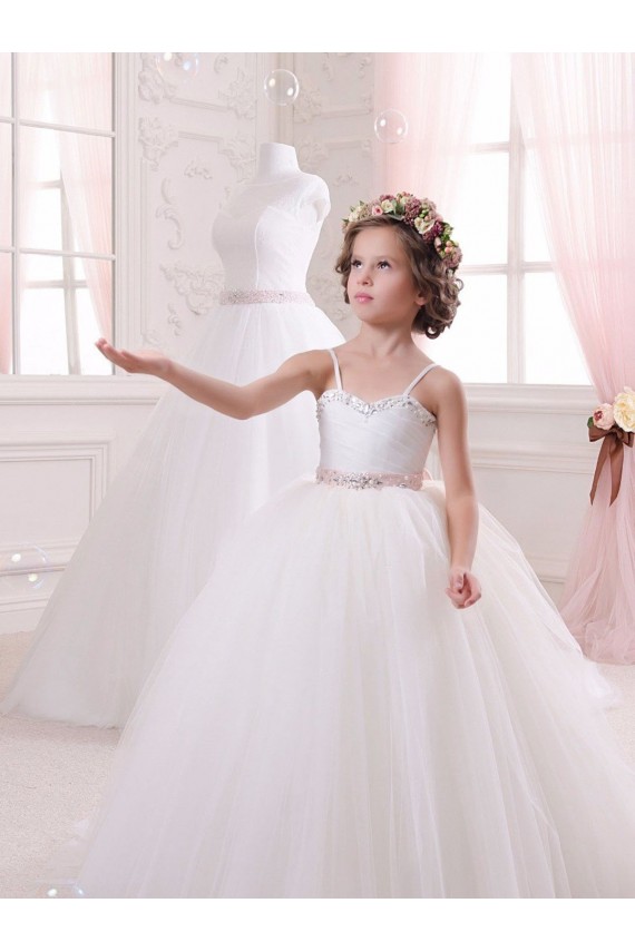 Mejores Marfil Cuello de Corazón Cola capilla Tul Largo vestidos de niña de las flores