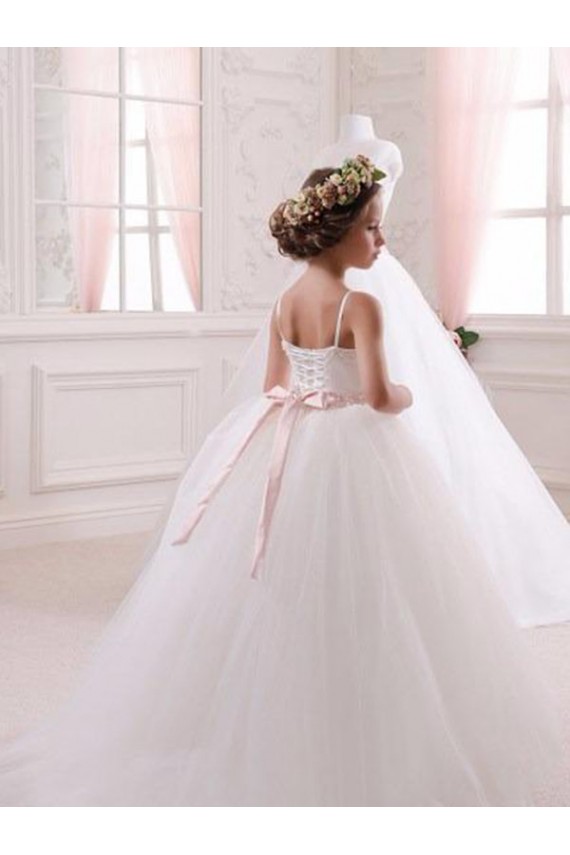 Mejores Marfil Cuello de Corazón Cola capilla Tul Largo vestidos de niña de las flores