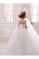 Mejores Marfil Cuello de Corazón Cola capilla Tul Largo vestidos de niña de las flores