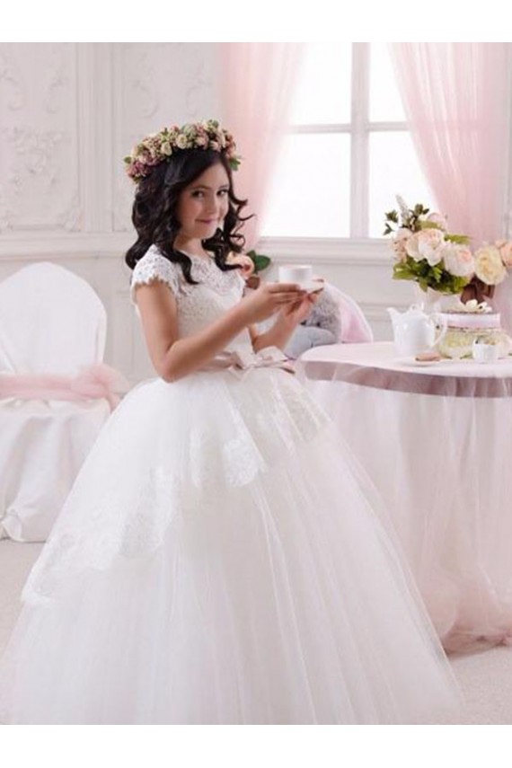 Mejores Marfil Cuello de Corazón Tul Encaje Largo vestidos de niña de las flores