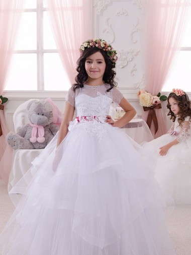 Mejores Marfil Cuello de Corazón Tul Encaje Largo vestidos de niña de las flores