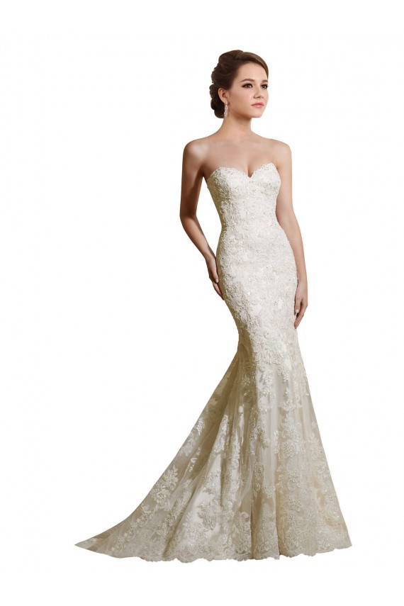 Mejores Marfil Sirena Cuello de Corazón Cola capilla Satén Encaje Vestidos de novia