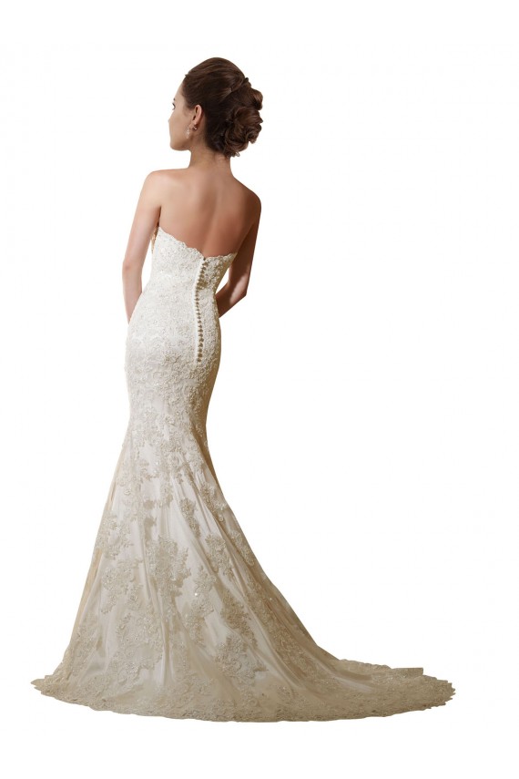 Mejores Marfil Sirena Cuello de Corazón Cola capilla Satén Encaje Vestidos de novia