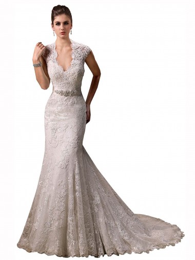 Mejores Marfil Sirena Halter Cuello en V Cola capilla Encaje Vestidos de novia
