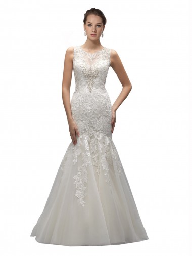 Mejores Marfil Sirena Ilusión Barrer tren Tul Encaje Vestidos de novia