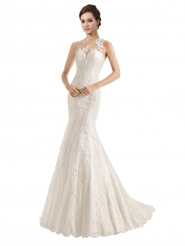 Mejores Marfil Sirena Ilusión Cola capilla Encaje Vestidos de novia