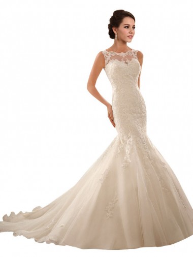 Mejores Marfil Sirena Ilusión Cola capilla Tul Encaje Vestidos de novia