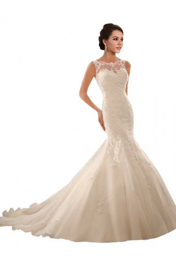 Mejores Marfil Sirena Ilusión Cola capilla Tul Encaje Vestidos de novia