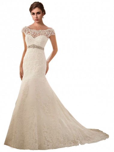 Mejores Marfil Sirena Ilusión Cola capilla Tul Encaje Vestidos de novia