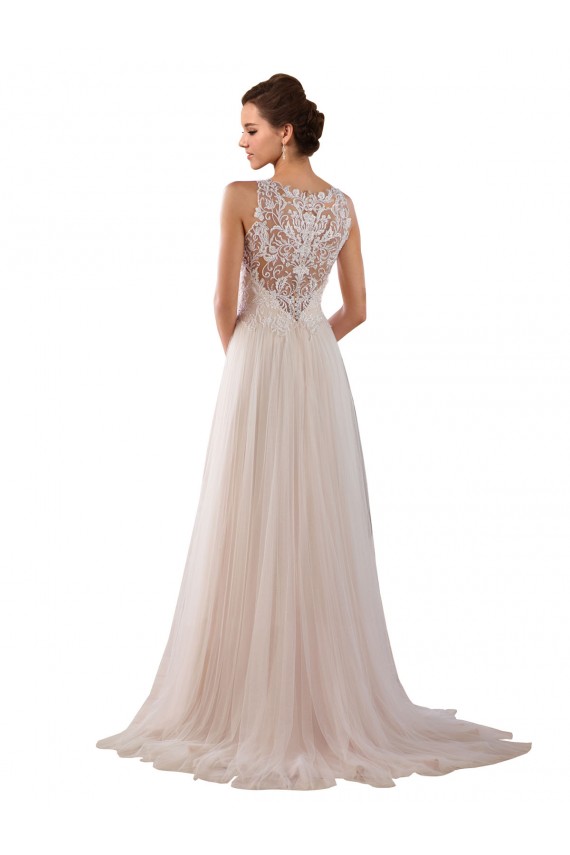 Mejores Marfil línea A Cuello Alto Cola capilla Tul Encaje Boho Vestidos de novia