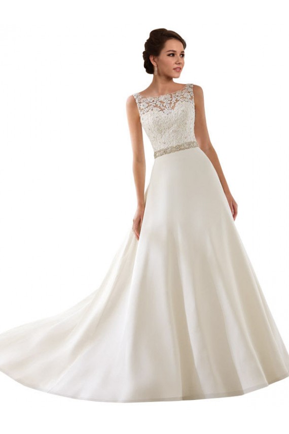 Mejores Marfil línea A Ilusión Cola capilla Encaje Vestidos de novia