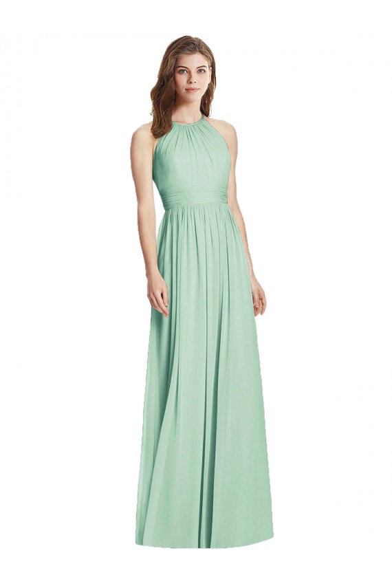 Mejores Menta Verde línea A Halter Gasa Largo Vestidos de dama de honor