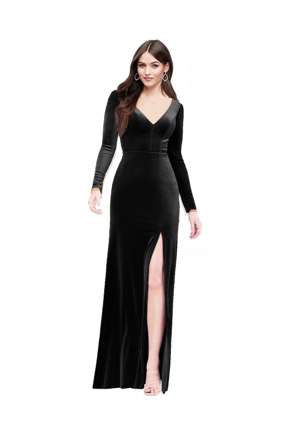 Mejores Negro Columna Cuello en V Terciopelo Elástico Largo Formales Vestidos de dama de honor / Vestidos de fiesta