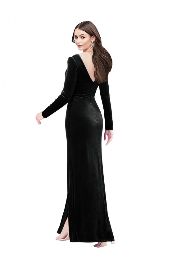 Mejores Negro Columna Cuello en V Terciopelo Elástico Largo Formales Vestidos de dama de honor / Vestidos de fiesta