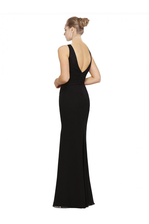 Mejores Negro Cubierta Cuello en V Gasa Largo Vestidos de dama de honor