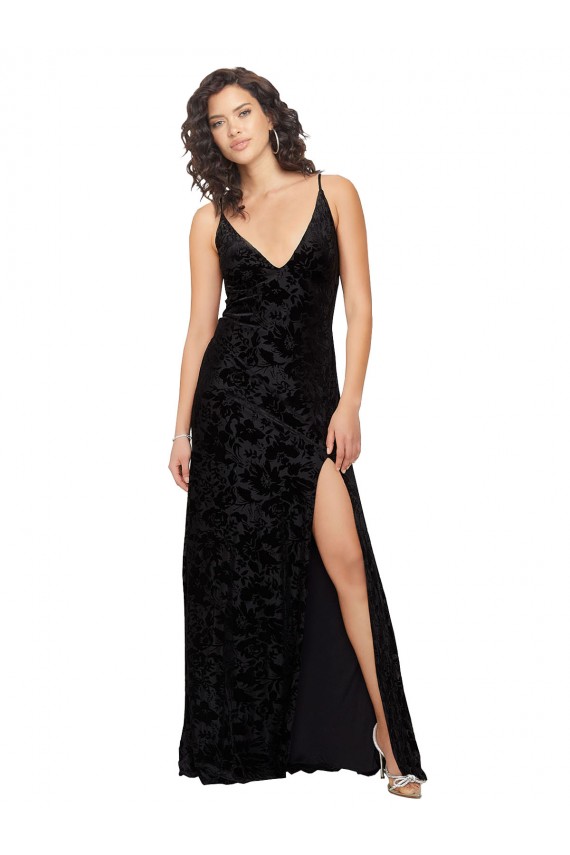 Mejores Negro Cubierta Cuello en V Terciopelo floral Terciopelo Elástico Largo Vestidos de dama de honor