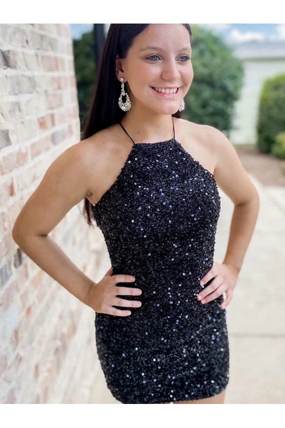 Mejores Negro Cubierta Halter Corto Lentejuelas Terciopelo Corto Vestidos de fiesta