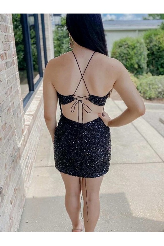 Mejores Negro Cubierta Halter Corto Lentejuelas Terciopelo Corto Vestidos de fiesta