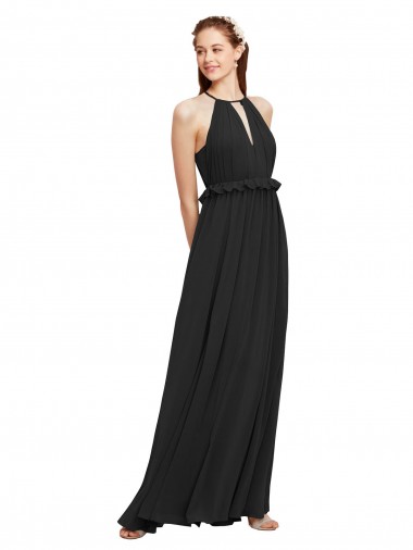Mejores Negro Cubierta Halter Gasa Largo Vestidos de dama de honor