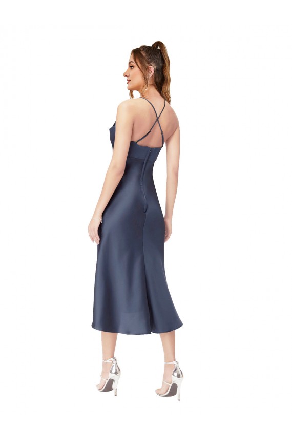 Mejores Negro Cubierta Midi Satén sedoso Corto Asimétrico Formales Vestidos de dama de honor / Vestidos de fiesta / Vestidos de cóctel